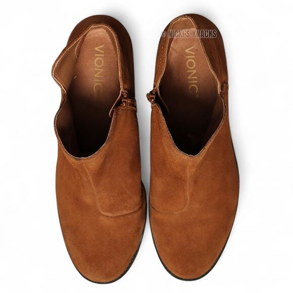Vionic Liv Cognac Tan Suede Low Heel Ankle Booties Western Comfort Size 8.5W - Picture 7 of 11